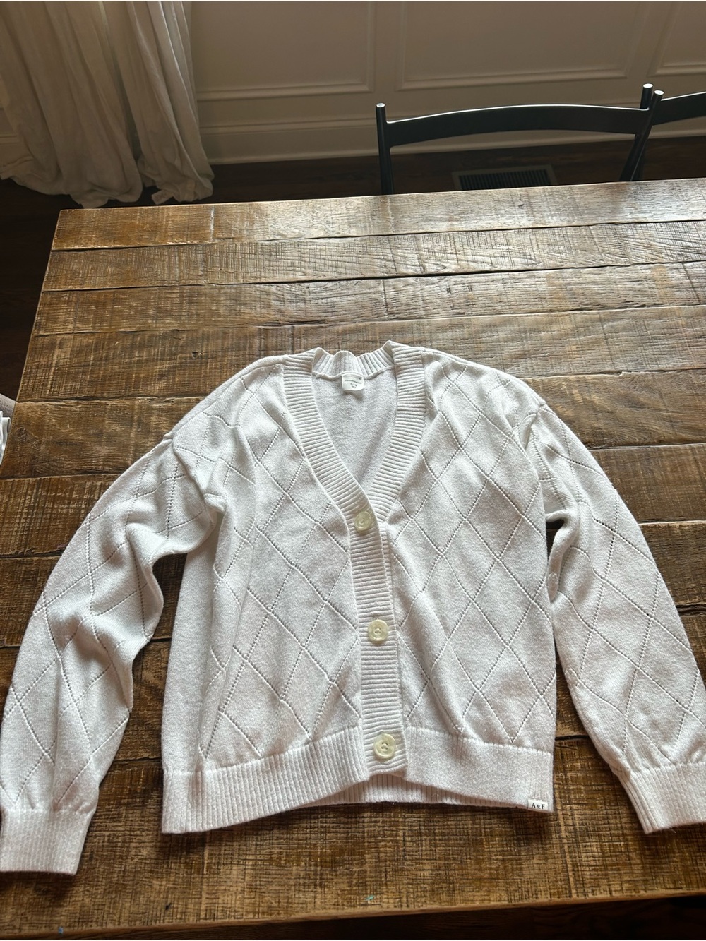 Cream/White Diamond-Knit Button Cardigan Sweater